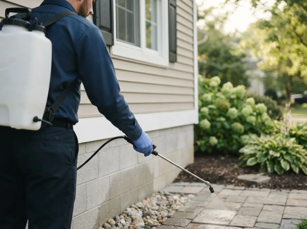 Pest control technician inspecting a home in Cement City, MI